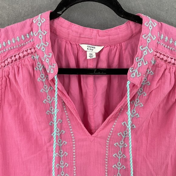 Crown Ivy Top Womens‎ 3X Pink Aqua Embroidery Gauzy Tassels Sleeveless Bohemian - Picture 3 of 8